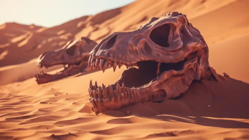 Mysterious Dinosaur Skulls on a Desert Landscape - A Captivating Image