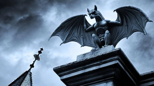 Mysterious Gargoyle Perched on Rooftop - Dark and Moody Photograph