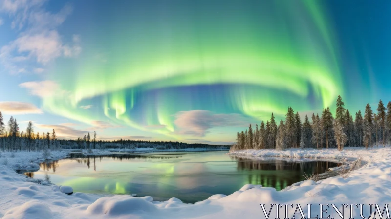 Mystical Northern Lights Over a Snow-Covered Lake AI Image