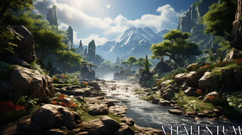 Scenic Forest Landscape with River and Mountains AI Image