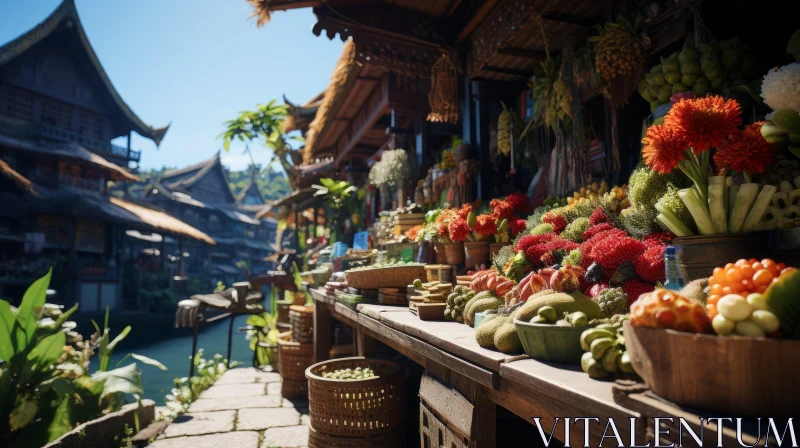 Traditional Chinese Street Market: A Blend of Nature and Urban Landscape AI Image