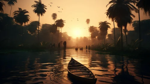 Tranquil Boat Ride: Serene Nature Scene with Palm Trees and Exotic Birds