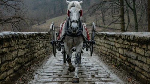 White Horse Riding Down Road with Carriage - Atmospheric and Moody Landscape