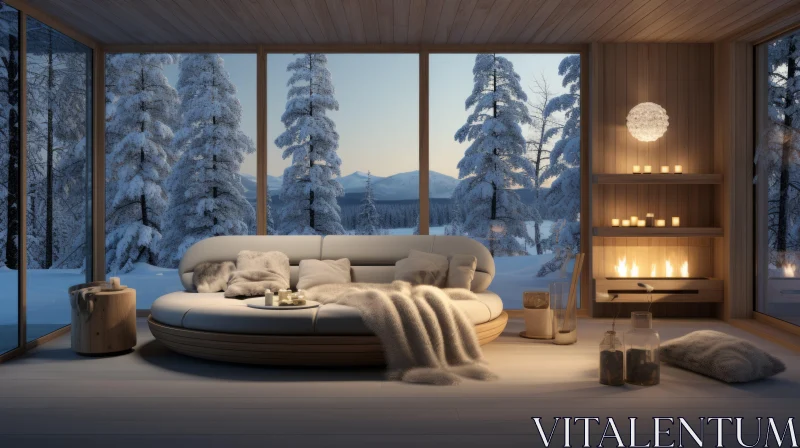 Winter Themed Living Room with a Norwegian Nature View AI Image