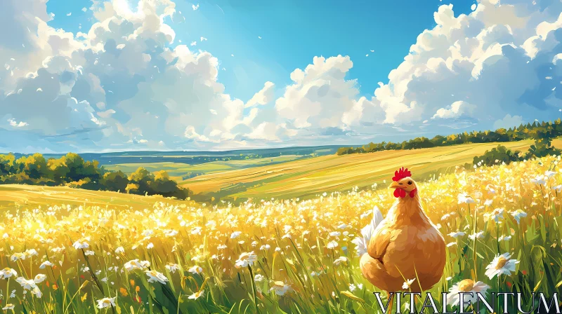 Idyllic Wheat Field with Chicken AI Image