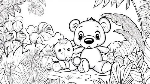 Cute Cartoon Bear and Toy in Lush Jungle
