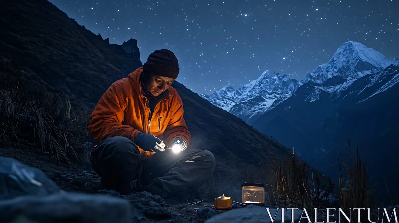 Man Camping in the Mountains at Night AI Image