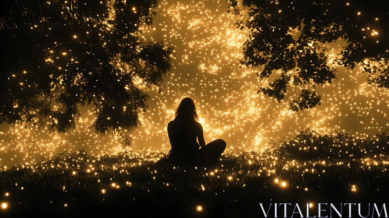 AI ART Silhouette Meditating in a Field of Lights