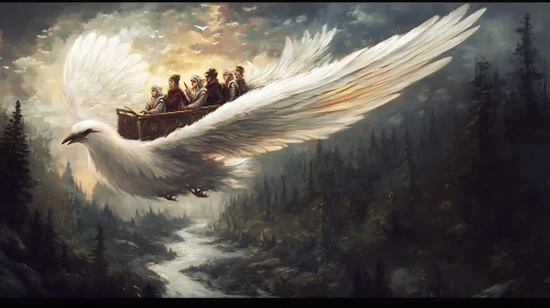 People Fly on Giant Bird Above Forest