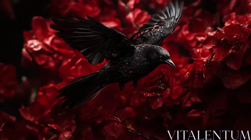 Black Bird and Red Flowers AI Image