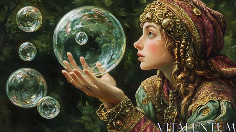 Vintage Woman and Floating Bubbles Art AI Image