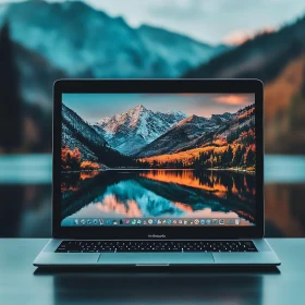 Mountain Reflection on Laptop Screen