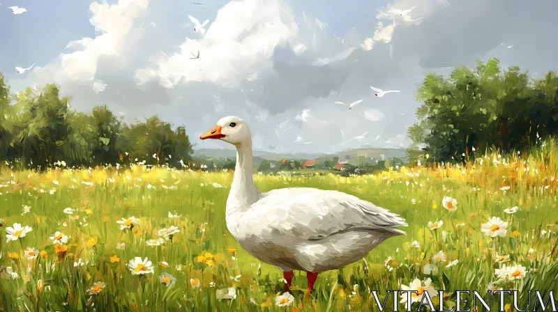 Goose in a Spring Wildflower Meadow AI Image