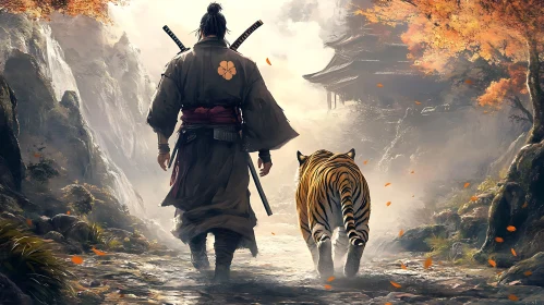 Warrior and Feline Companion on Autumn Path