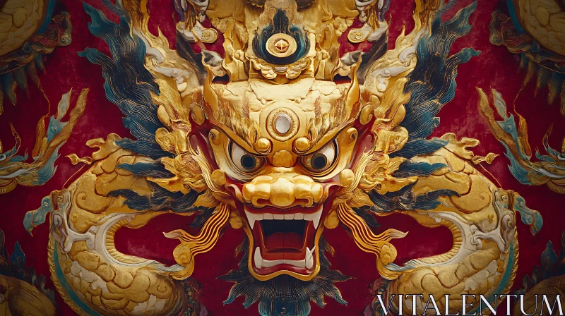 Golden Dragon Ornament on Red Background AI Image