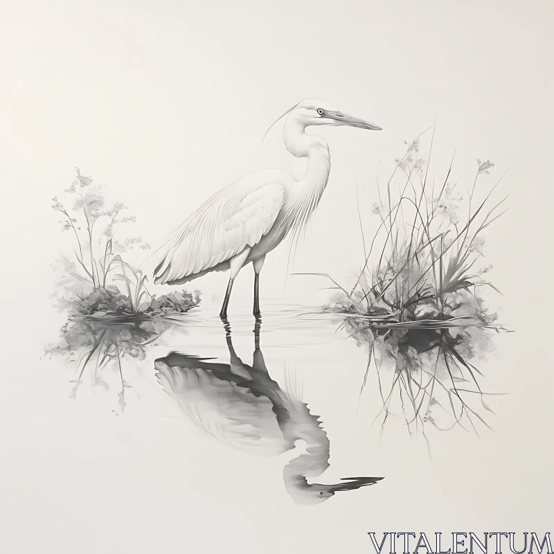 Monochrome Heron Drawing with Water Reflection AI Image