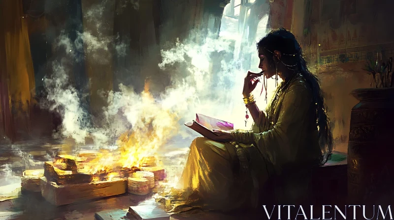 Contemplative Reader by the Hearth AI Image