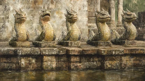 Weathered Stone Dragon Statues at Ancient Temple