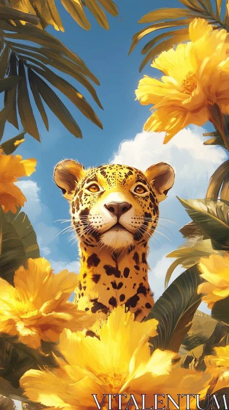 Wildlife Encounter in a Floral Jungle AI Image