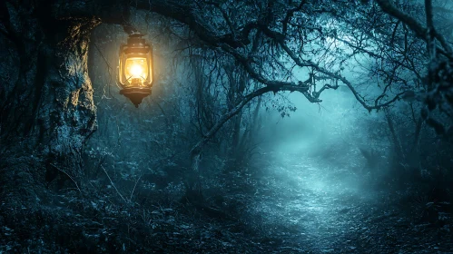 Mystical Forest at Night with Lantern