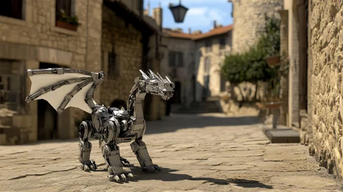 Robot Dragon on Cobblestone Street