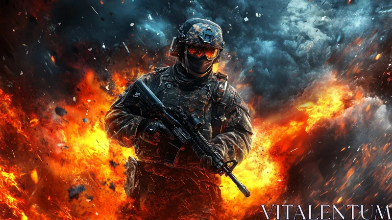 Soldier in fiery explosion AI Image