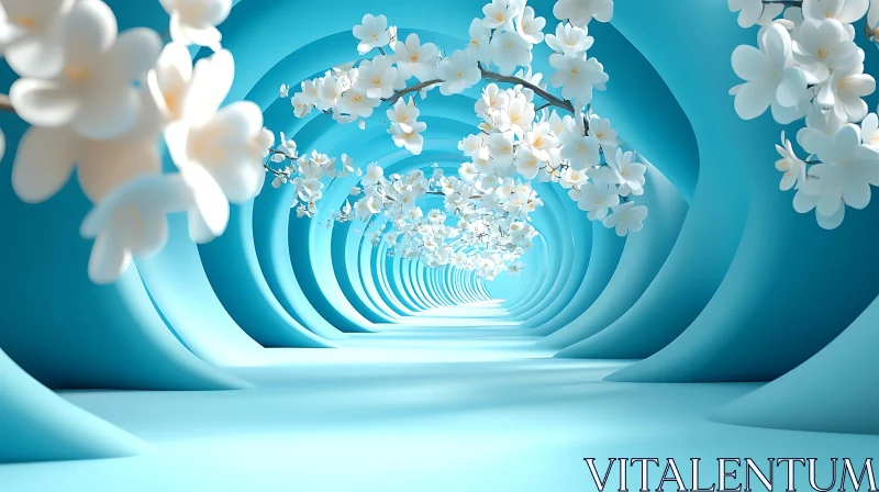 AI ART Blue Abstract Tunnel with Floral Accents