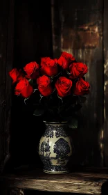 Red Roses in Intricate Vase