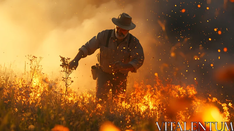 Man in Hat Running through Field of Fire AI Image