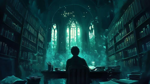 Lone Scholar in Gothic Library