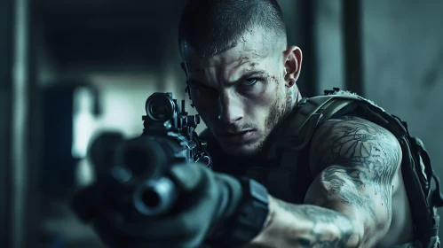 Tattooed Warrior Aiming Gun