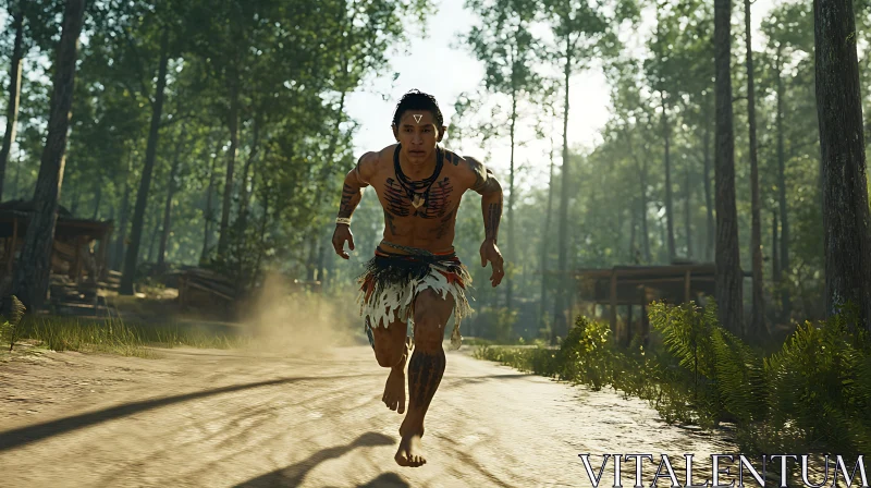 Tribal Runner in Green Forest AI Image