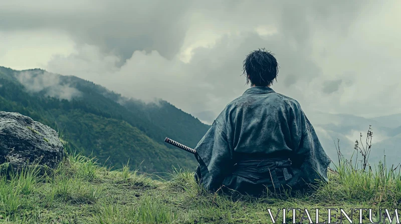 Samurai Contemplating Mountain Vista AI Image