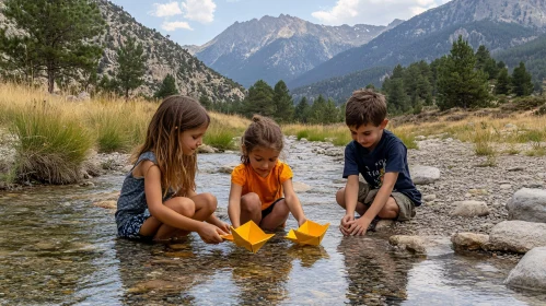 Kids' Adventure: Paper Boats in Mountain Stream