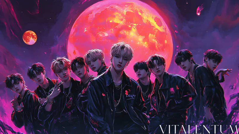 AI ART Youthful Band Under a Fiery Moon