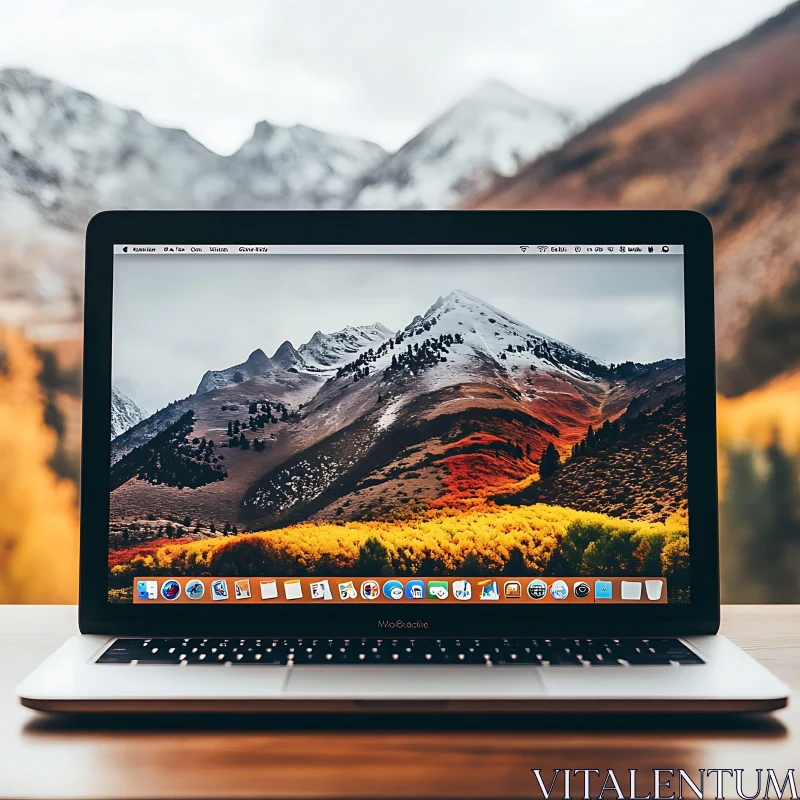 Laptop with Autumn Foliage Wallpaper AI Image