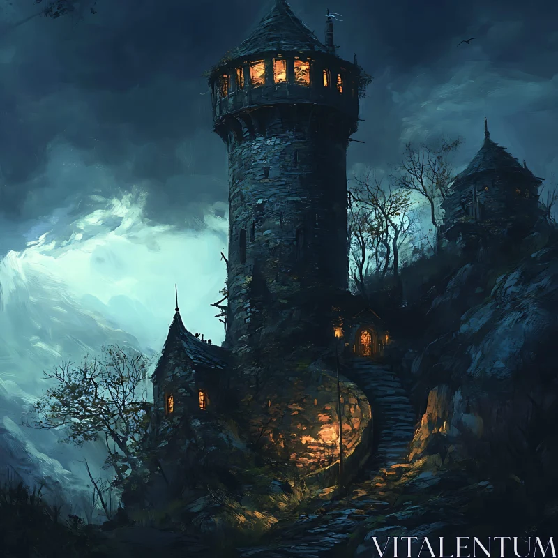 AI ART Medieval Castle Tower at Night