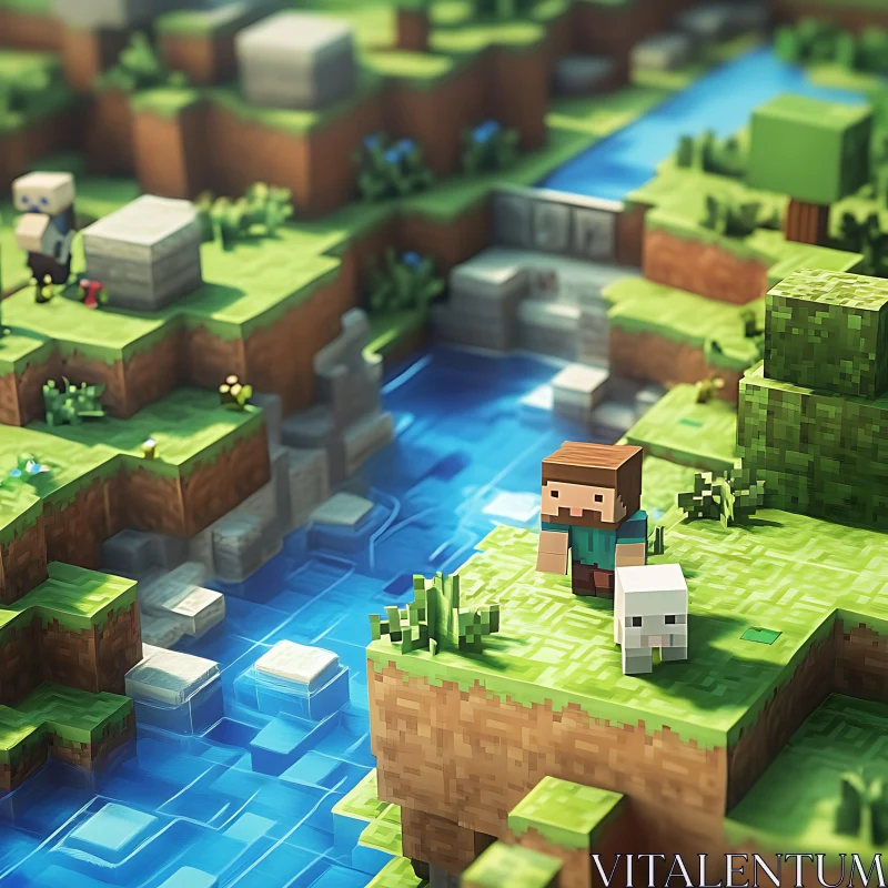 Blocky Minecraft World Serene River Scene AI Image