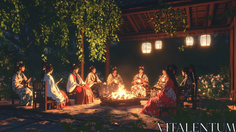 Japanese Women Circle Campfire AI Image