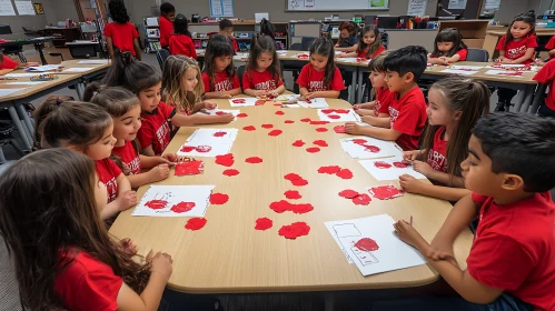 Kids Painting Red Flowers in Classroom