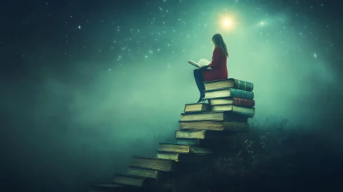 Woman Reading on Book Staircase