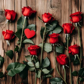 Roses and Heart on Wooden Texture