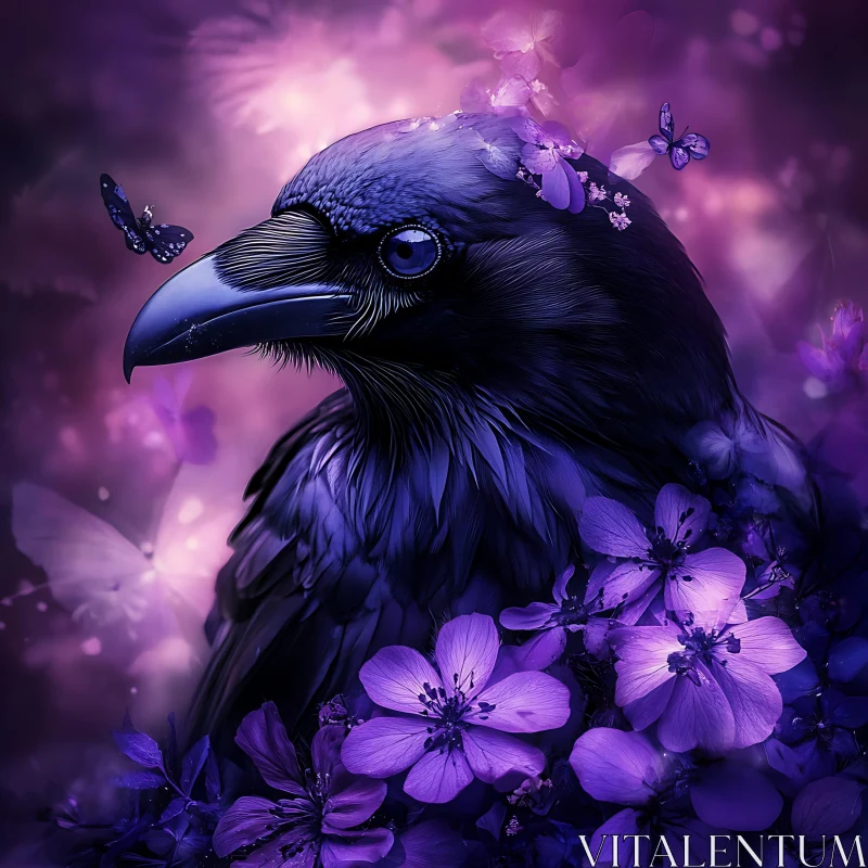 Floral Raven Portrait with Butterflies AI Image