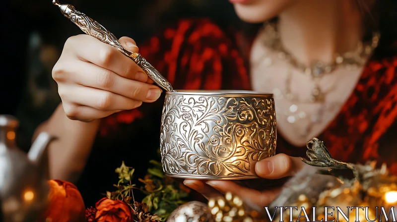 Ornate Silver Cup and Pen Still Life AI Image