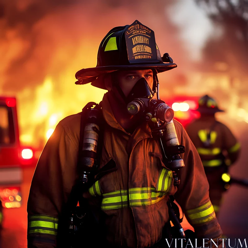 Heroic Firefighter at Fire Scene AI Image