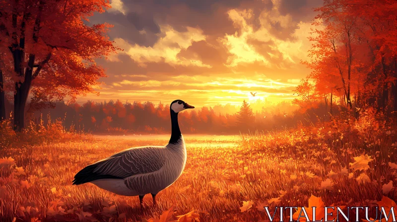 Goose Amidst Fall Colors at Sunset AI Image