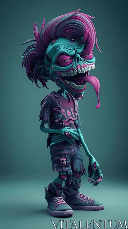 AI ART 3D Rendered Neon Zombie with Mohawk in Dark Room