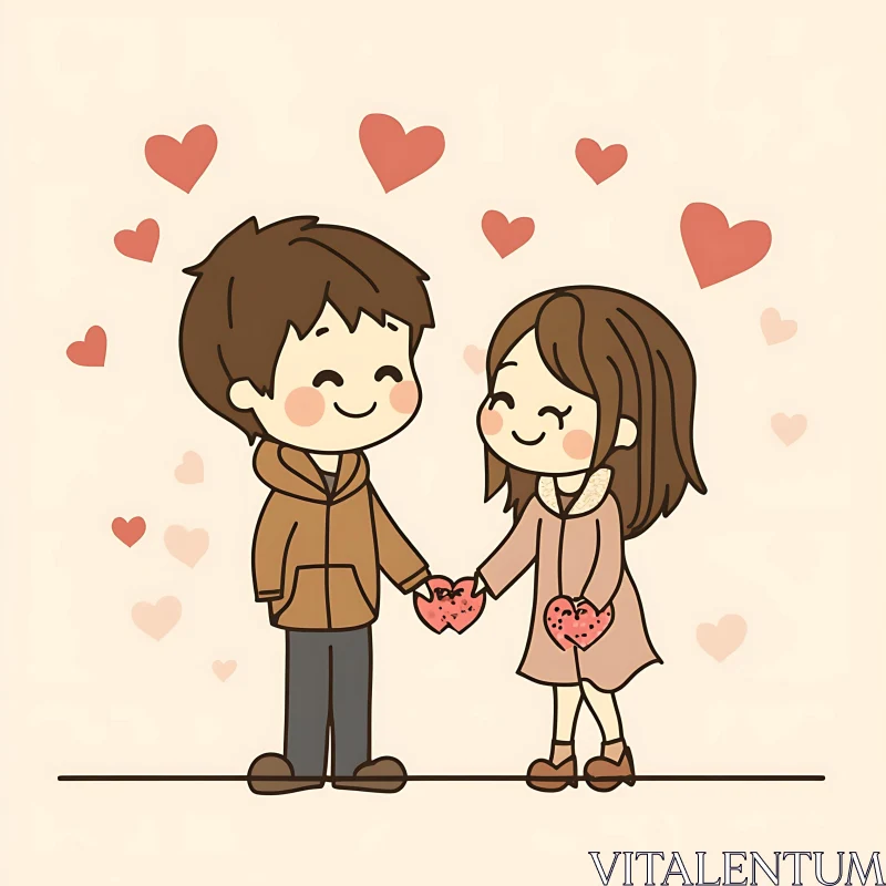 Whimsical Couple with Hearts Illustration AI Image