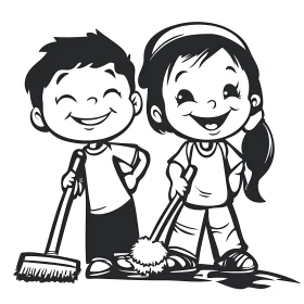 Cartoon Children Cleaning Together