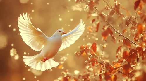 White Dove Flying Among Autumn Leaves